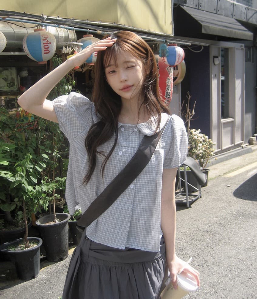 재고 있음 chic 한국 스타일 여름 새로운 연령 감소 베이비 칼라 꽃 버클 이중 버튼 반팔 셔츠 상세 이미지 27