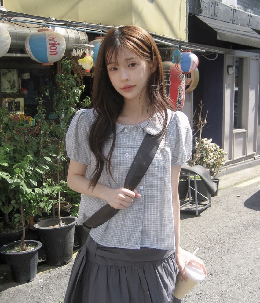 재고 있음 chic 한국 스타일 여름 새로운 연령 감소 베이비 칼라 꽃 버클 이중 버튼 반팔 셔츠 상세 이미지 29