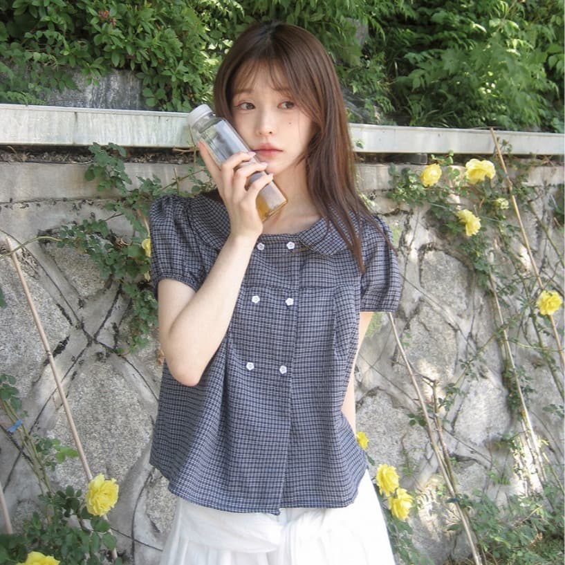 재고 있음 chic 한국 스타일 여름 새로운 연령 감소 베이비 칼라 꽃 버클 이중 버튼 반팔 셔츠 상세 이미지 33