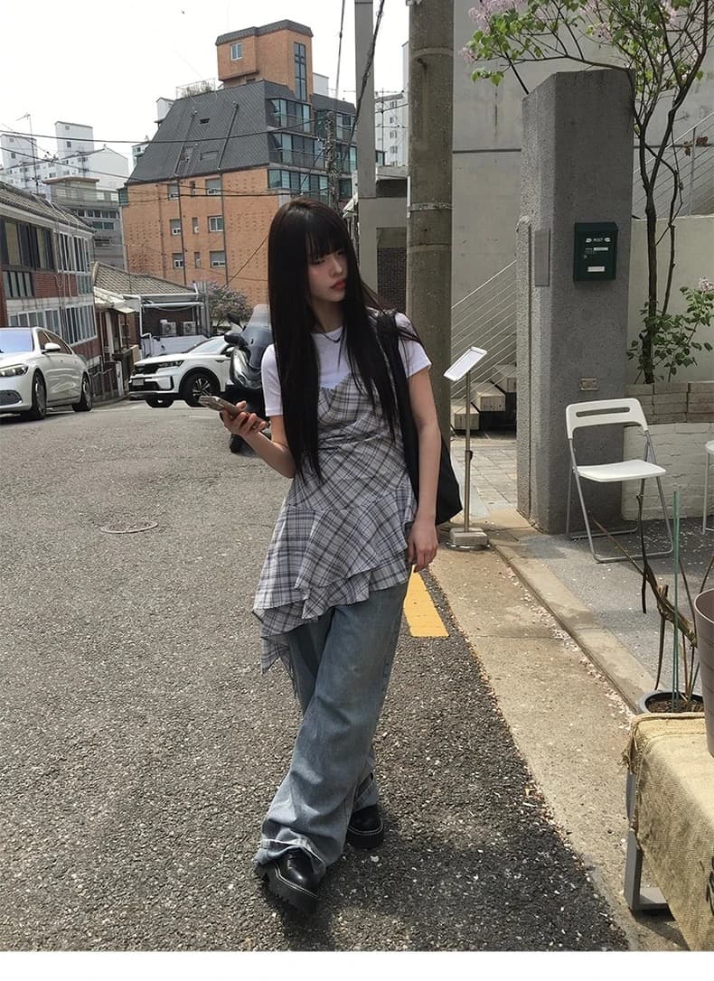 재고 있음 chic 여름 디자인 센스 불규칙 레이스업 프릴 체크무늬 슬립 그룹 이미지 3