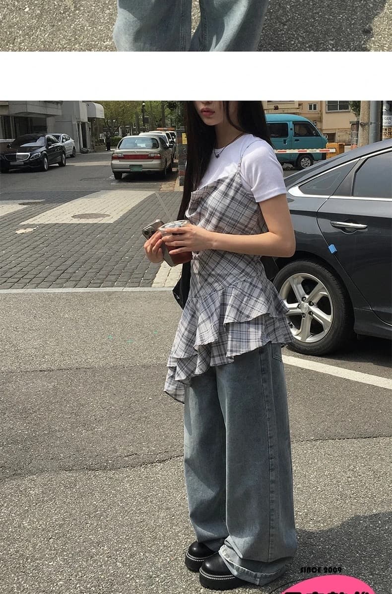 재고 있음 chic 여름 디자인 센스 불규칙 레이스업 프릴 체크무늬 슬립 그룹 상세 이미지 3