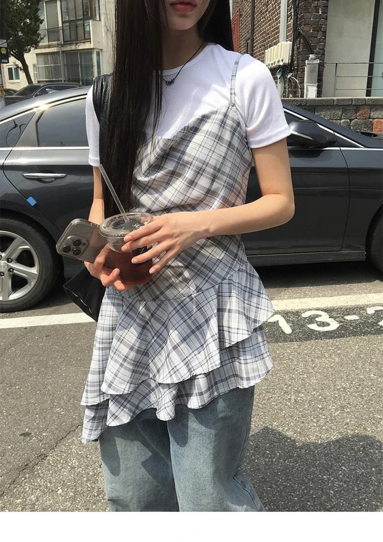 재고 있음 chic 여름 디자인 센스 불규칙 레이스업 프릴 체크무늬 슬립 그룹 상세 이미지 5