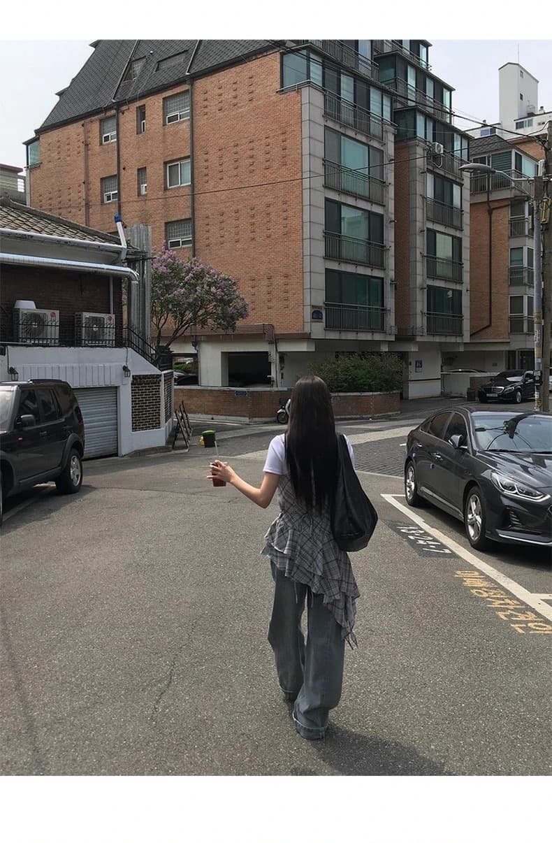 재고 있음 chic 여름 디자인 센스 불규칙 레이스업 프릴 체크무늬 슬립 그룹 상세 이미지 7