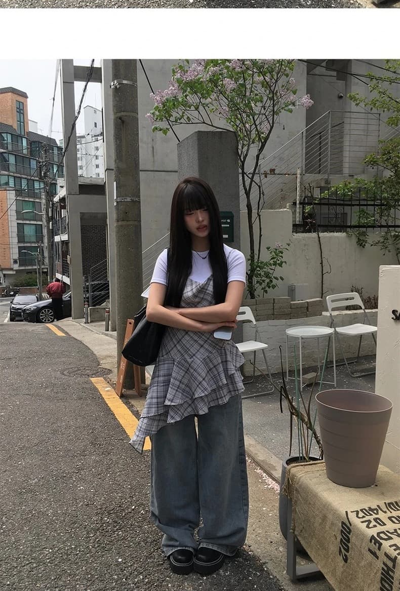 재고 있음 chic 여름 디자인 센스 불규칙 레이스업 프릴 체크무늬 슬립 그룹 상세 이미지 9