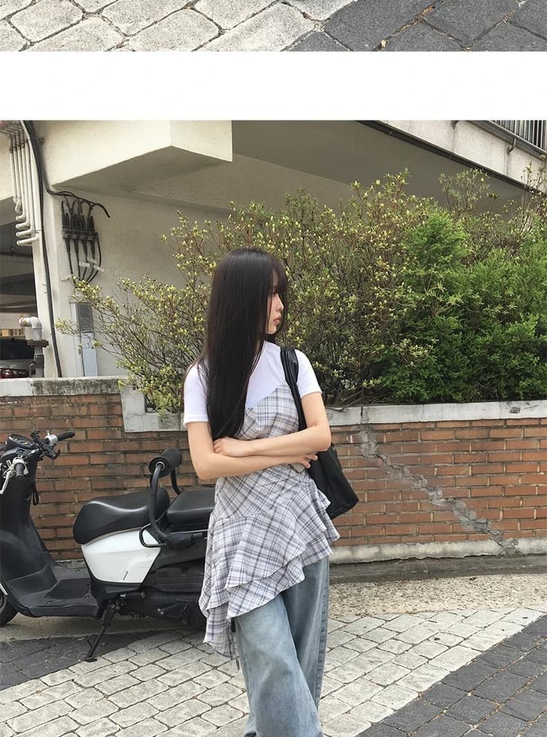 재고 있음 chic 여름 디자인 센스 불규칙 레이스업 프릴 체크무늬 슬립 그룹 상세 이미지 11