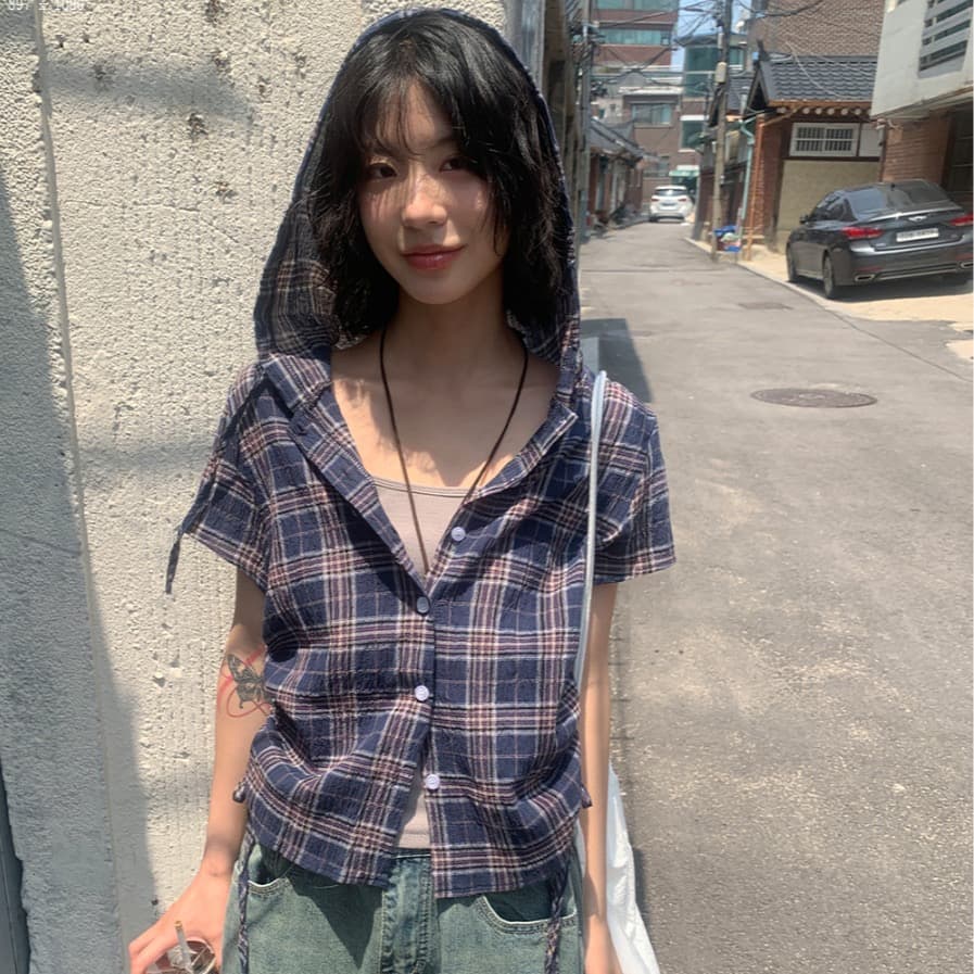 재고 있음 chic 한국 동대문 캐주얼 출퇴근 후드 펌프 로프 격자 무늬 셔츠 상세 이미지 6
