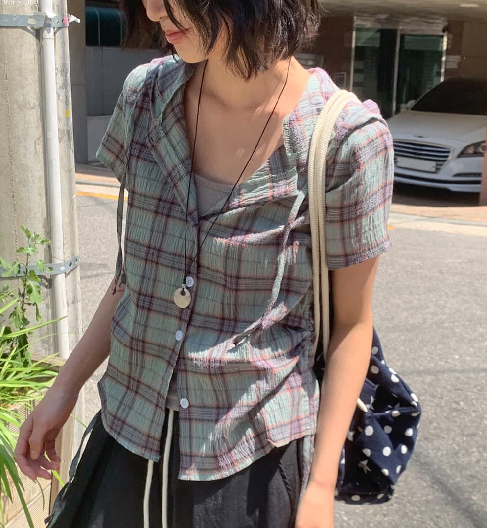 재고 있음 chic 한국 동대문 캐주얼 출퇴근 후드 펌프 로프 격자 무늬 셔츠 상세 이미지 24