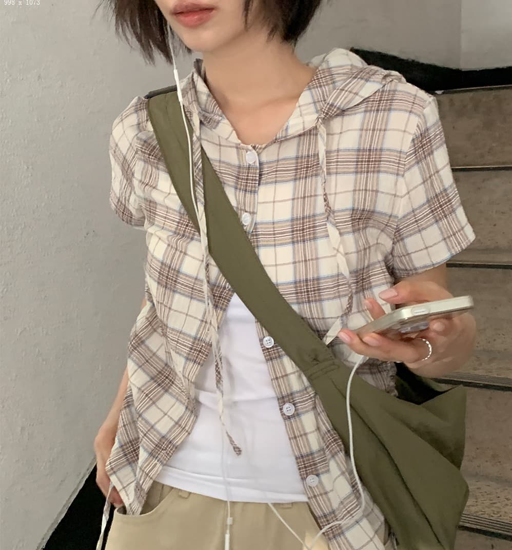 재고 있음 chic 한국 동대문 캐주얼 출퇴근 후드 펌프 로프 격자 무늬 셔츠 상세 이미지 34