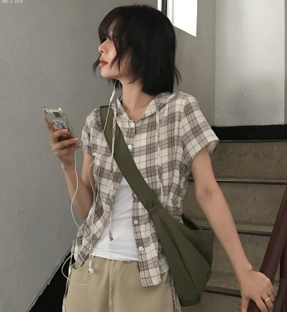 재고 있음 chic 한국 동대문 캐주얼 출퇴근 후드 펌프 로프 격자 무늬 셔츠 상세 이미지 35