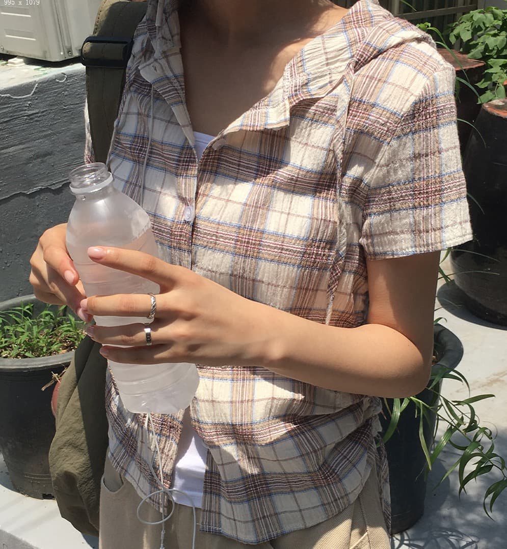 재고 있음 chic 한국 동대문 캐주얼 출퇴근 후드 펌프 로프 격자 무늬 셔츠 상세 이미지 37