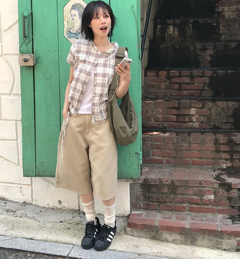 재고 있음 chic 한국 동대문 캐주얼 출퇴근 후드 펌프 로프 격자 무늬 셔츠 상세 이미지 41