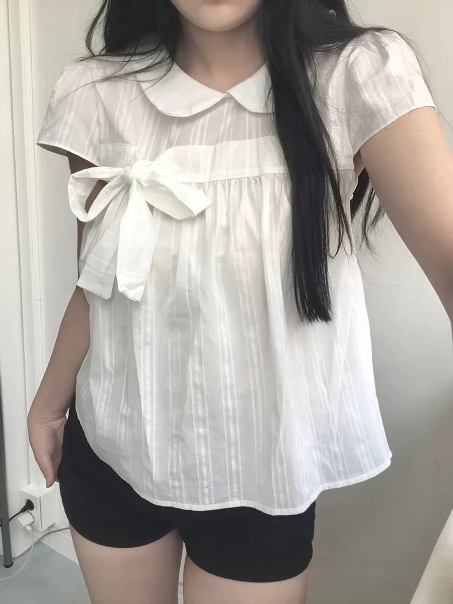재고 있음 chic 베이비 칼라 체크무늬 나비 매듭 루즈핏 반팔 셔츠