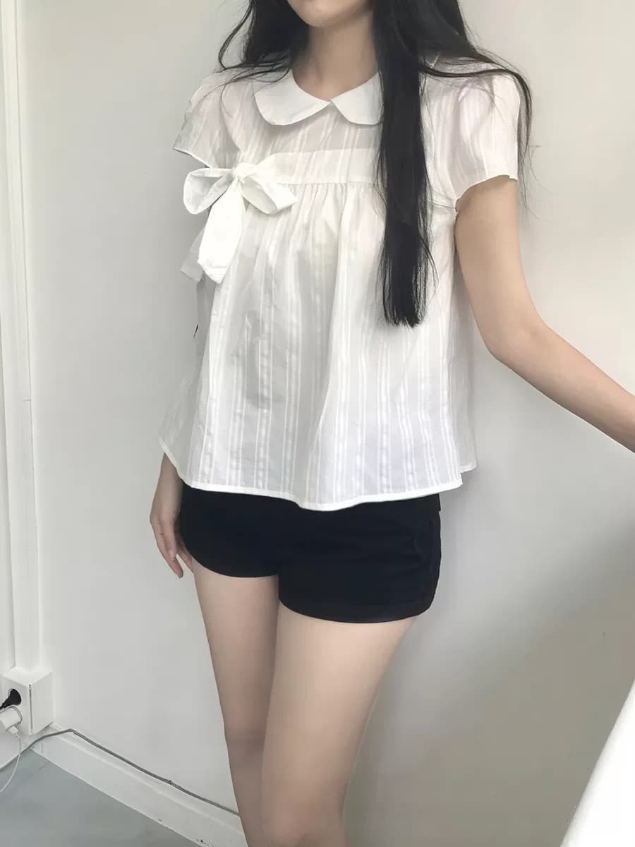 재고 있음 chic 베이비 칼라 체크무늬 나비 매듭 루즈핏 반팔 셔츠 이미지 4