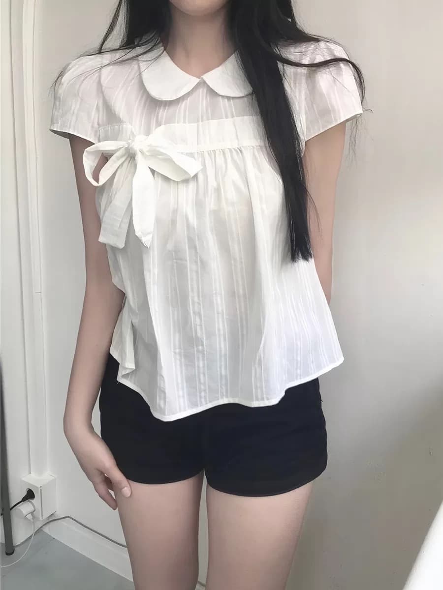 재고 있음 chic 베이비 칼라 체크무늬 나비 매듭 루즈핏 반팔 셔츠 이미지 2
