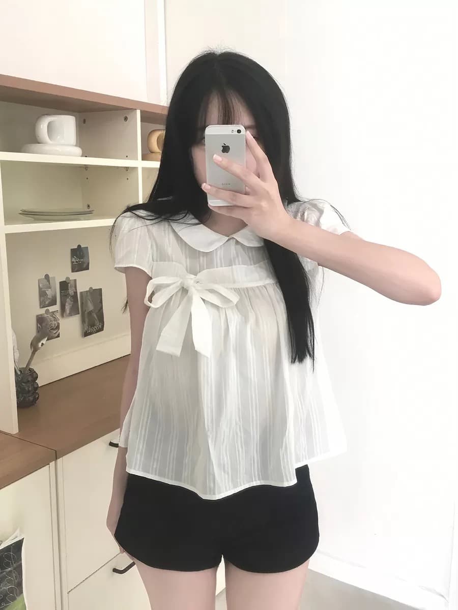 재고 있음 chic 베이비 칼라 체크무늬 나비 매듭 루즈핏 반팔 셔츠 상세 이미지 2