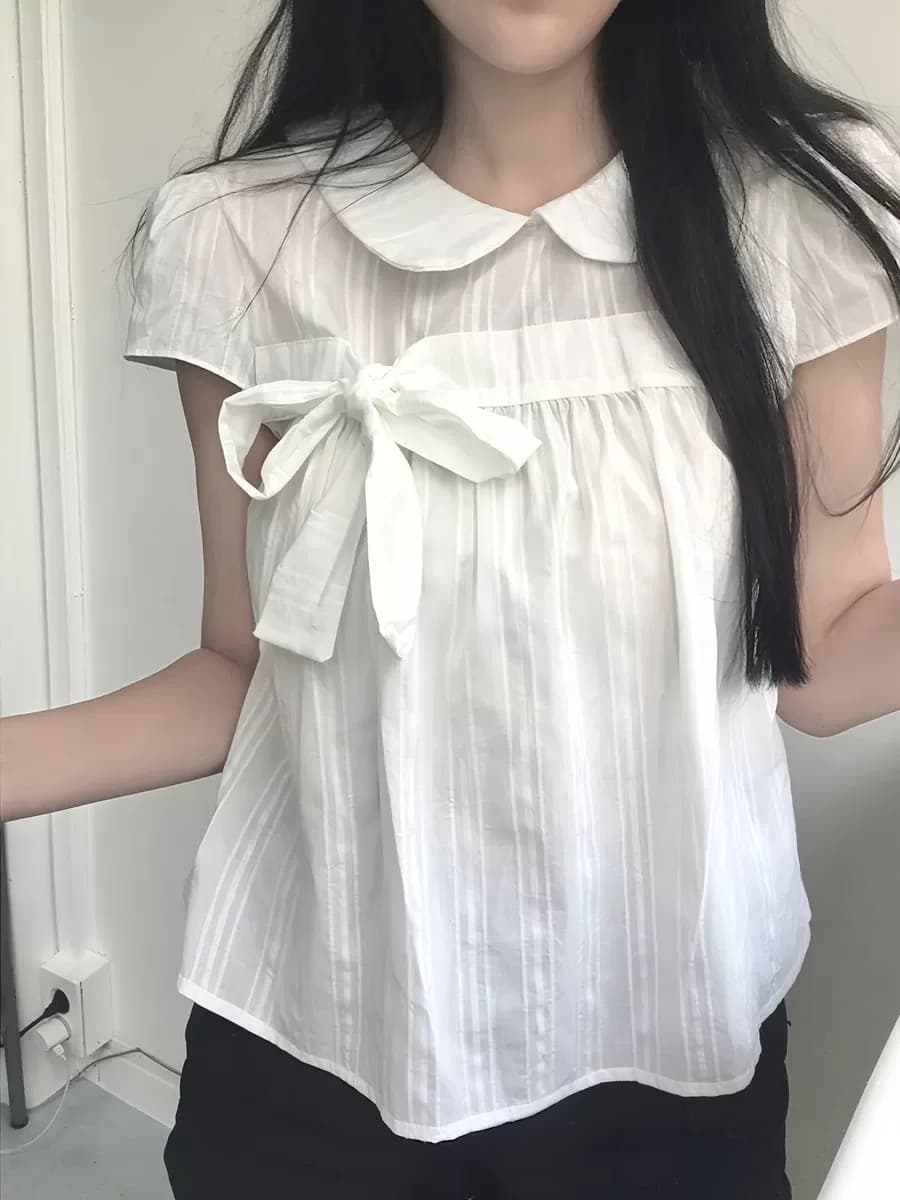 재고 있음 chic 베이비 칼라 체크무늬 나비 매듭 루즈핏 반팔 셔츠 상세 이미지 3