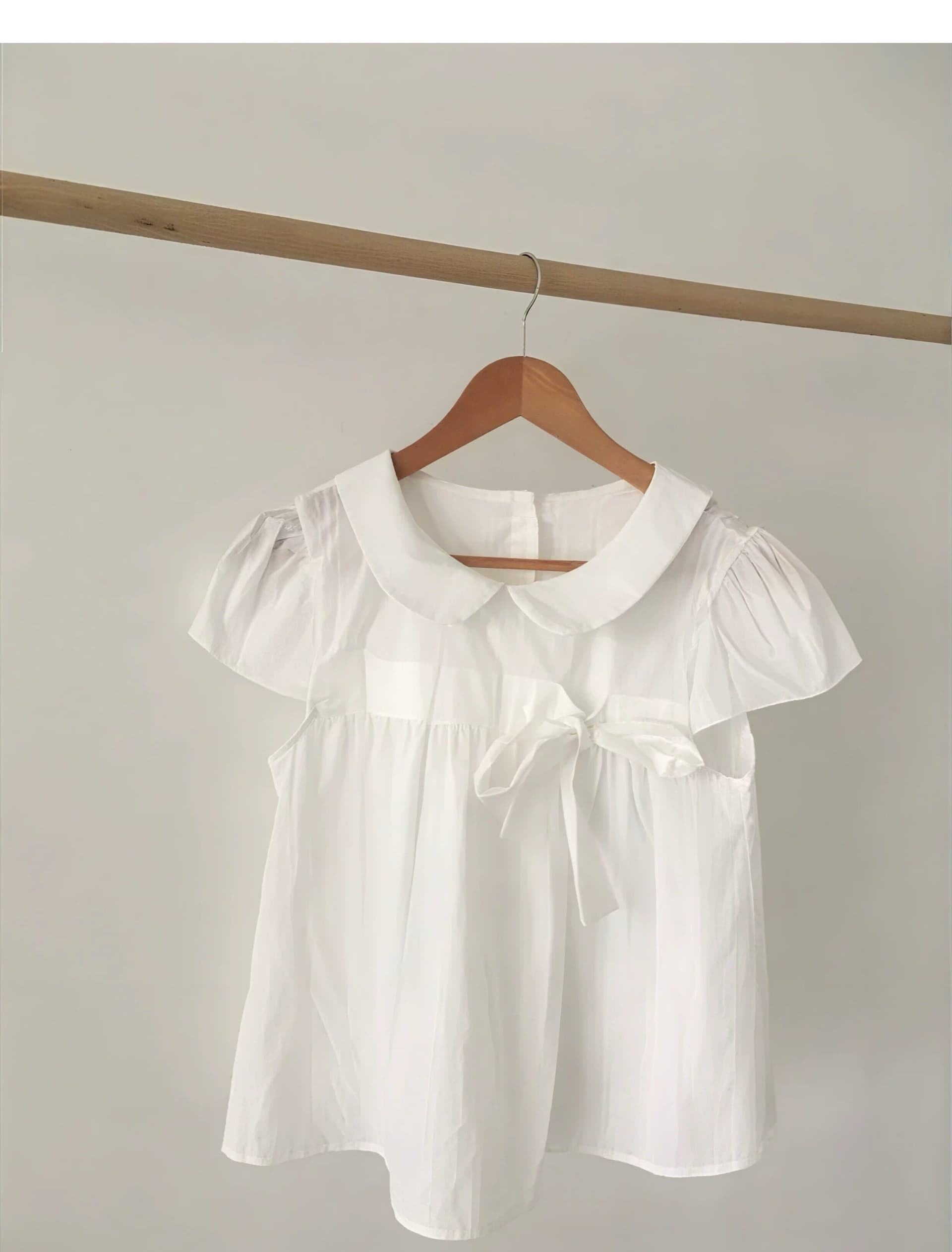 재고 있음 chic 베이비 칼라 체크무늬 나비 매듭 루즈핏 반팔 셔츠 상세 이미지 7