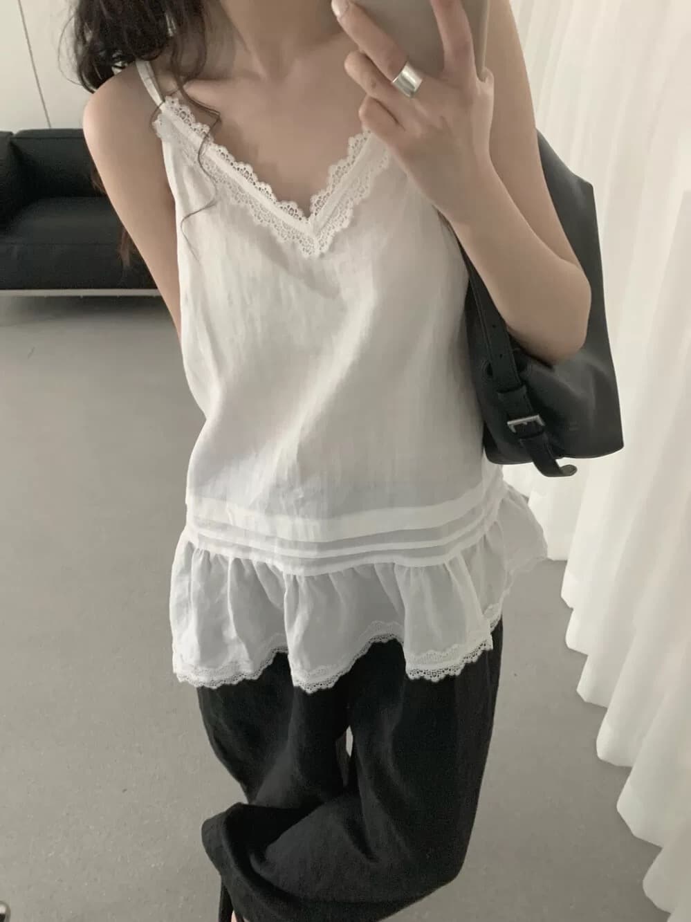 있음 선적 chic 패션 V넥 레이스 패치워크 민소매 슬립 맨위 상세 이미지 4