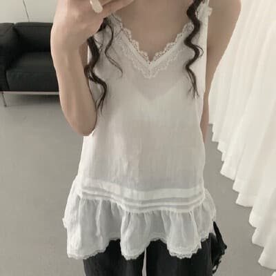 있음 선적 chic 패션 V넥 레이스 패치워크 민소매 슬립 맨위 상세 이미지 8
