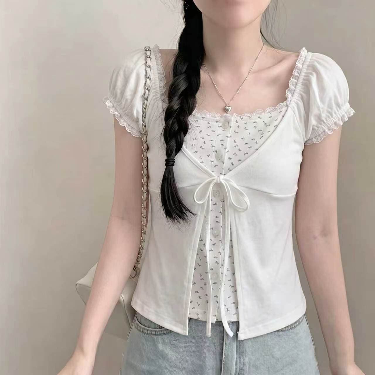 chic 한 부서 부드러운 바람 페이크 레이어드 반팔 티셔츠 여성 이미지 2