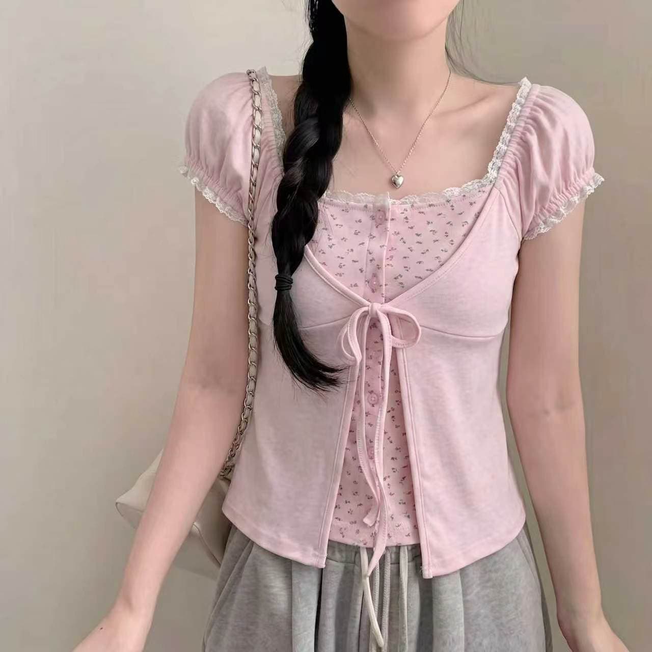 chic 한 부서 부드러운 바람 페이크 레이어드 반팔 티셔츠 여성 상세 이미지 2