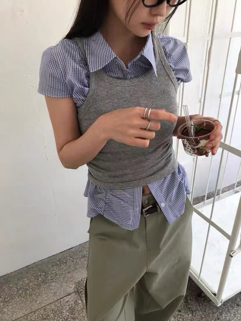 재고 있음 레트로 체크무늬 순수한 욕망 다용도 주름 외국 가스 셔츠 상세 이미지 5