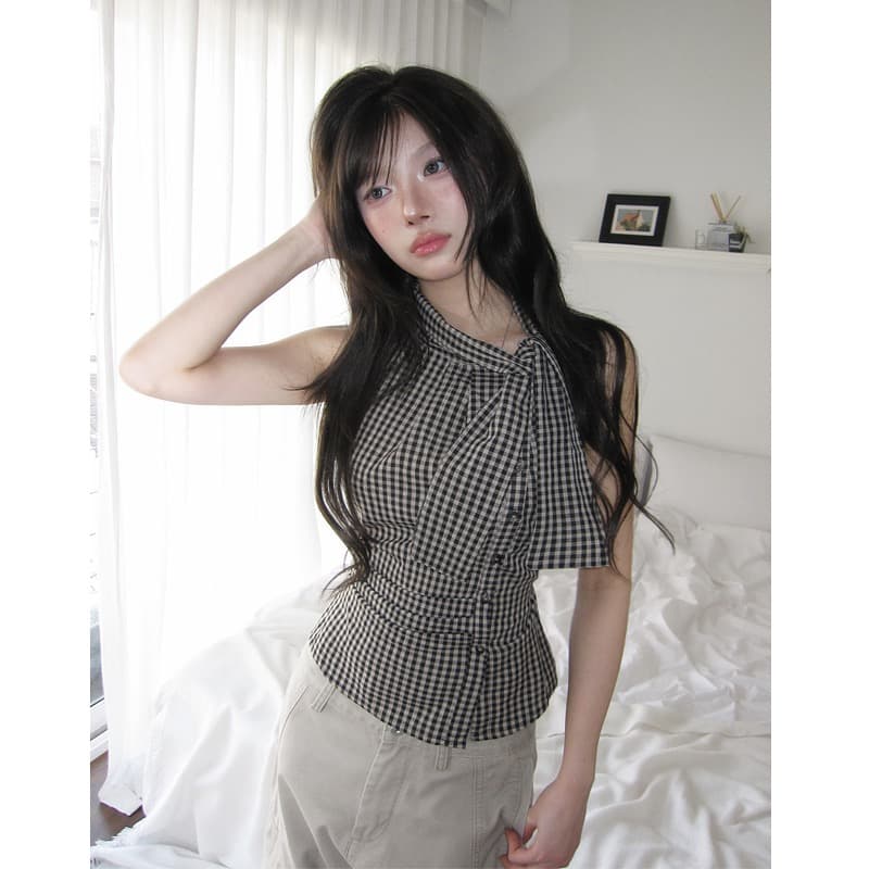 재고 있음 chic 한국 스타일 불규칙 레이스업 체크무늬 조끼 이미지 2