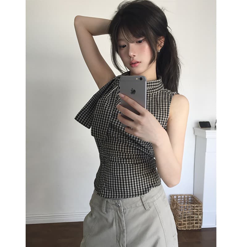 재고 있음 chic 한국 스타일 불규칙 레이스업 체크무늬 조끼