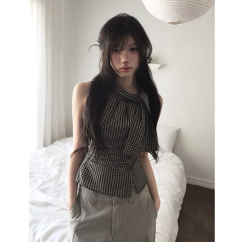 재고 있음 chic 한국 스타일 불규칙 레이스업 체크무늬 조끼 상세 이미지 3