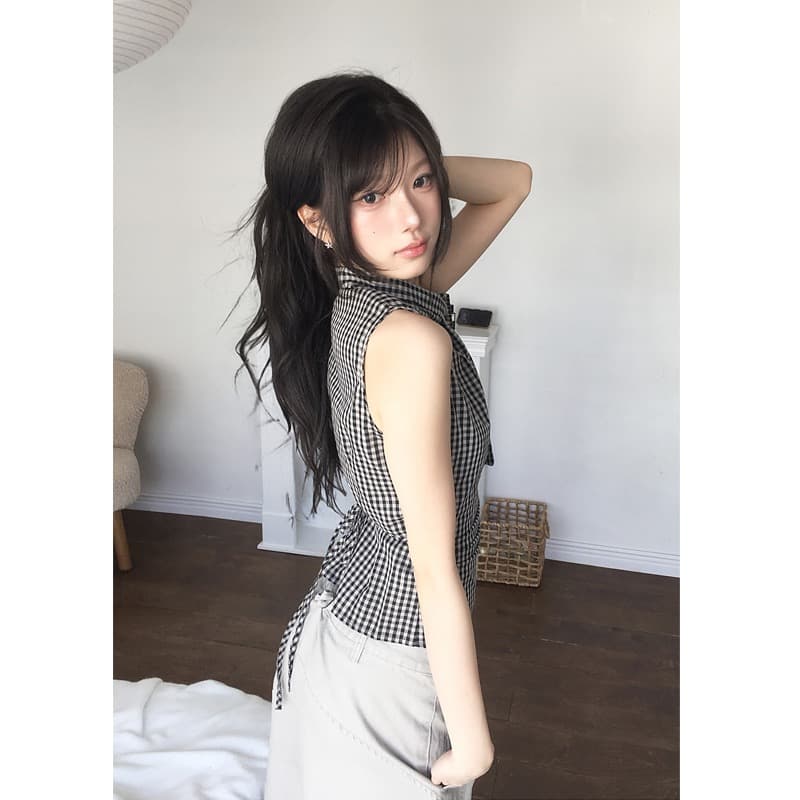 재고 있음 chic 한국 스타일 불규칙 레이스업 체크무늬 조끼 상세 이미지 4