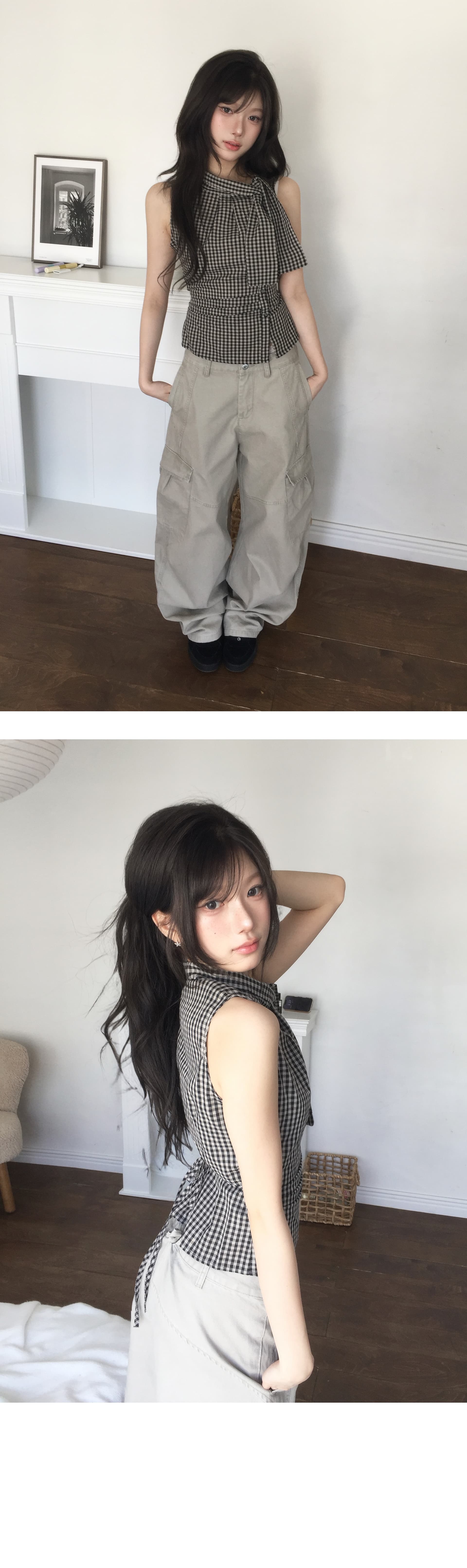 재고 있음 chic 한국 스타일 불규칙 레이스업 체크무늬 조끼 상세 이미지 8
