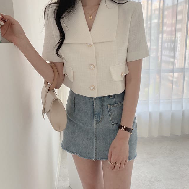 재고 있음 chic 외국 가스 패션 익스트림 제인 바람 클래식 단추 폴로 칼라 반팔 블레이저 맨위 여성 상세 이미지 1
