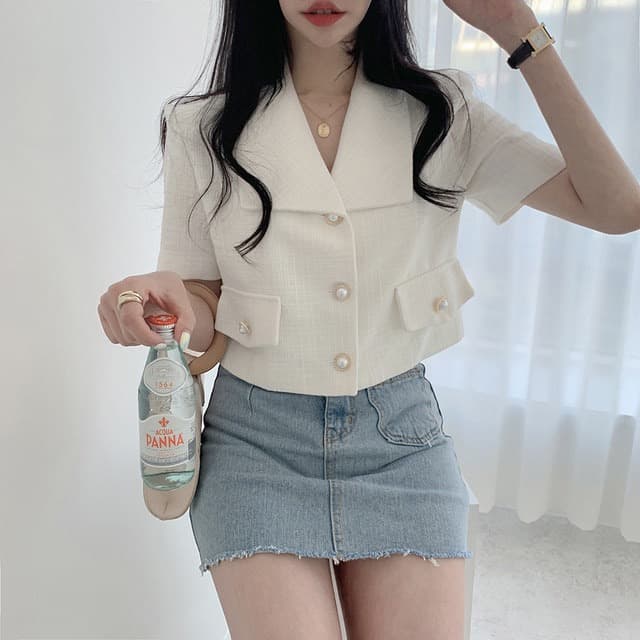 재고 있음 chic 외국 가스 패션 익스트림 제인 바람 클래식 단추 폴로 칼라 반팔 블레이저 맨위 여성 상세 이미지 2