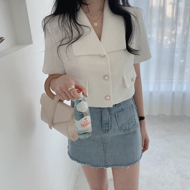 재고 있음 chic 외국 가스 패션 익스트림 제인 바람 클래식 단추 폴로 칼라 반팔 블레이저 맨위 여성 상세 이미지 4