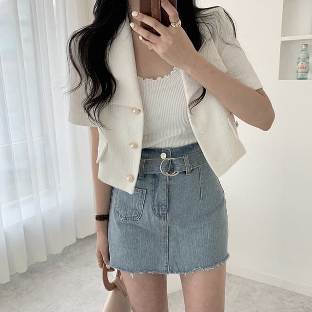 재고 있음 chic 외국 가스 패션 익스트림 제인 바람 클래식 단추 폴로 칼라 반팔 블레이저 맨위 여성 상세 이미지 6