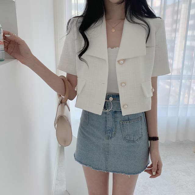 재고 있음 chic 외국 가스 패션 익스트림 제인 바람 클래식 단추 폴로 칼라 반팔 블레이저 맨위 여성 상세 이미지 8