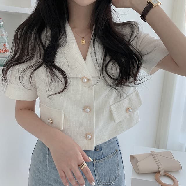 재고 있음 chic 외국 가스 패션 익스트림 제인 바람 클래식 단추 폴로 칼라 반팔 블레이저 맨위 여성 상세 이미지 10