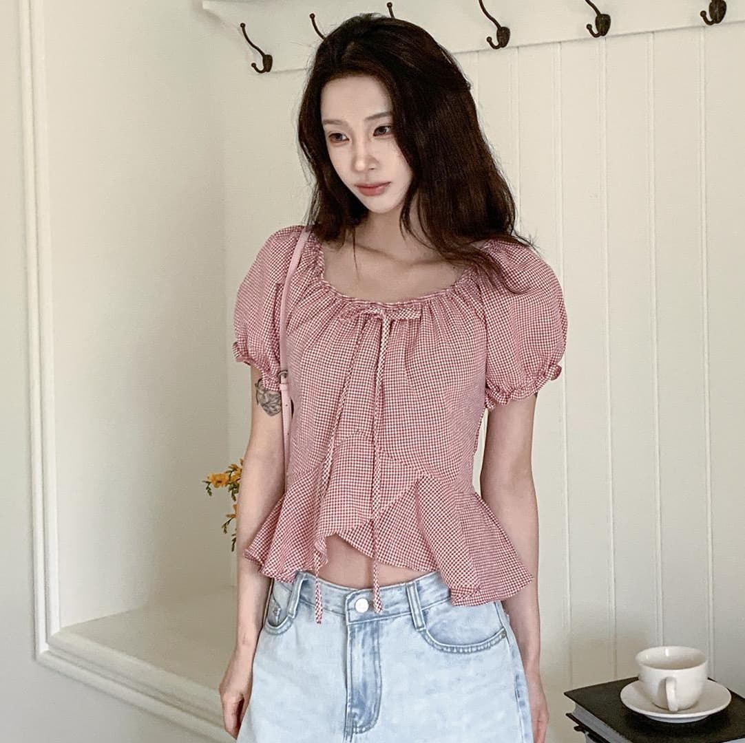 재고 있음 여름 한 바람 디자인 센스 오프숄더 레이스업 거품 소매 체크무늬 프릴 반팔 셔츠 상세 이미지 15