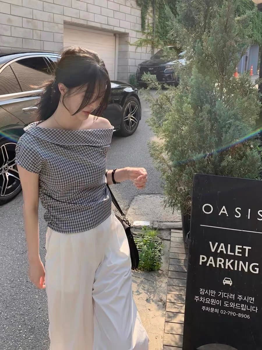 있음 창고 한국 여름 섹션 비대칭 비스듬한 어깨 칼라 디자인 품격 체크무늬 셔츠 상세 이미지 6