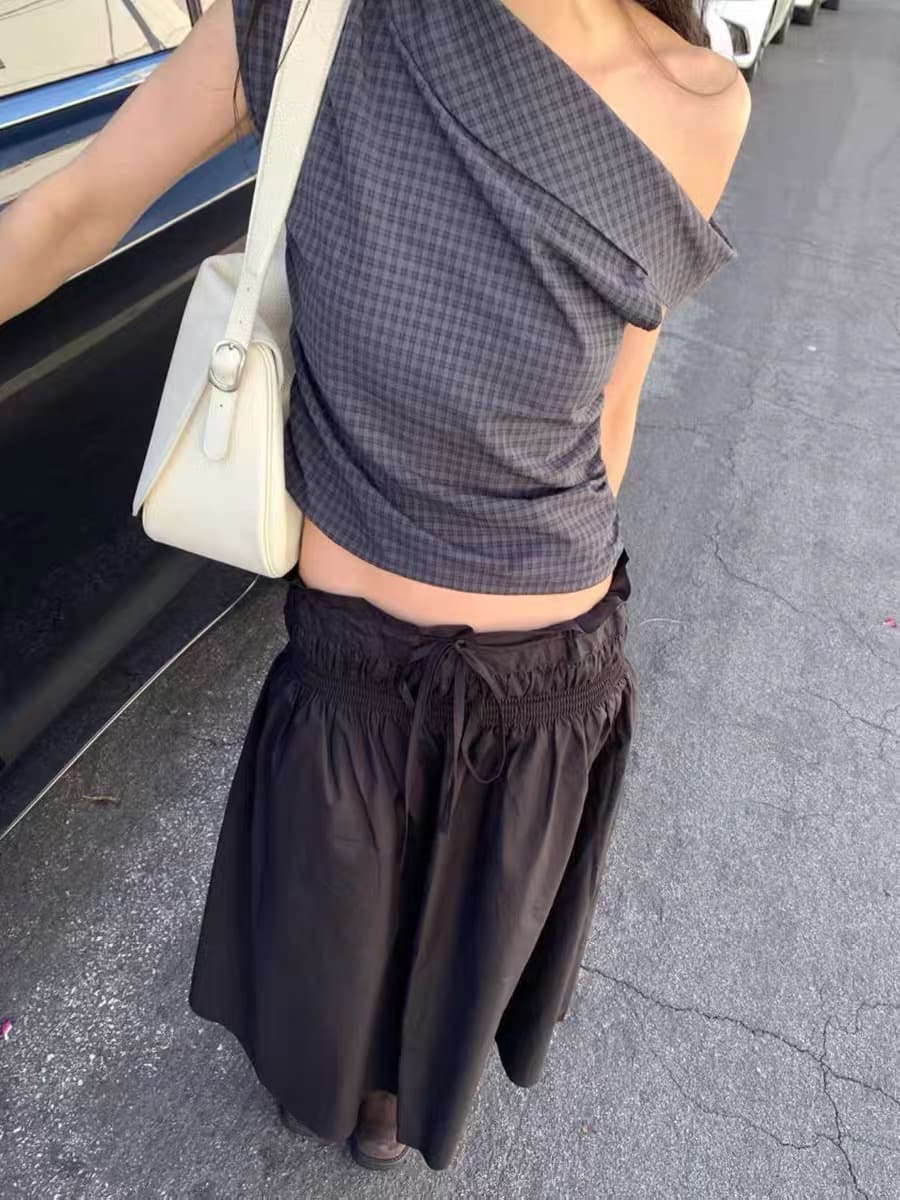 있음 창고 한국 여름 섹션 비대칭 비스듬한 어깨 칼라 디자인 품격 체크무늬 셔츠 상세 이미지 17
