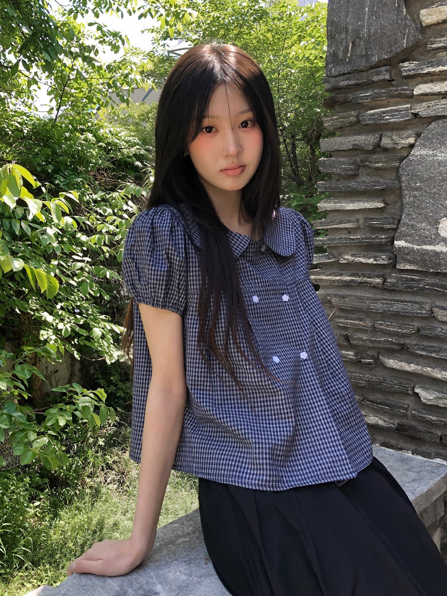 재고 있음 한국 스타일 여름 새로운 연령 감소 베이비 칼라 꽃 버클 이중 버튼 반팔 셔츠 상세 이미지 8