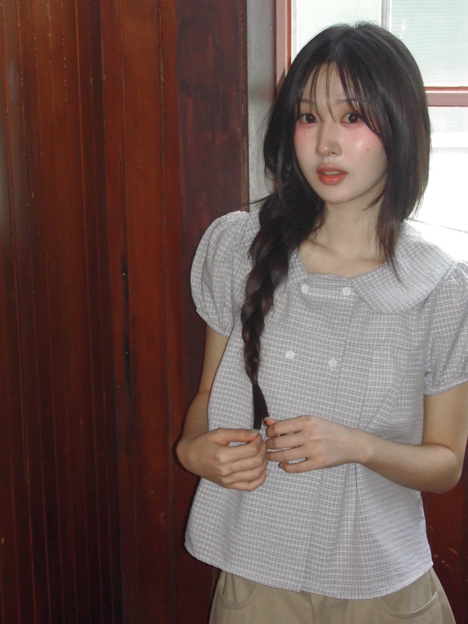 재고 있음 한국 스타일 여름 새로운 연령 감소 베이비 칼라 꽃 버클 이중 버튼 반팔 셔츠 상세 이미지 13