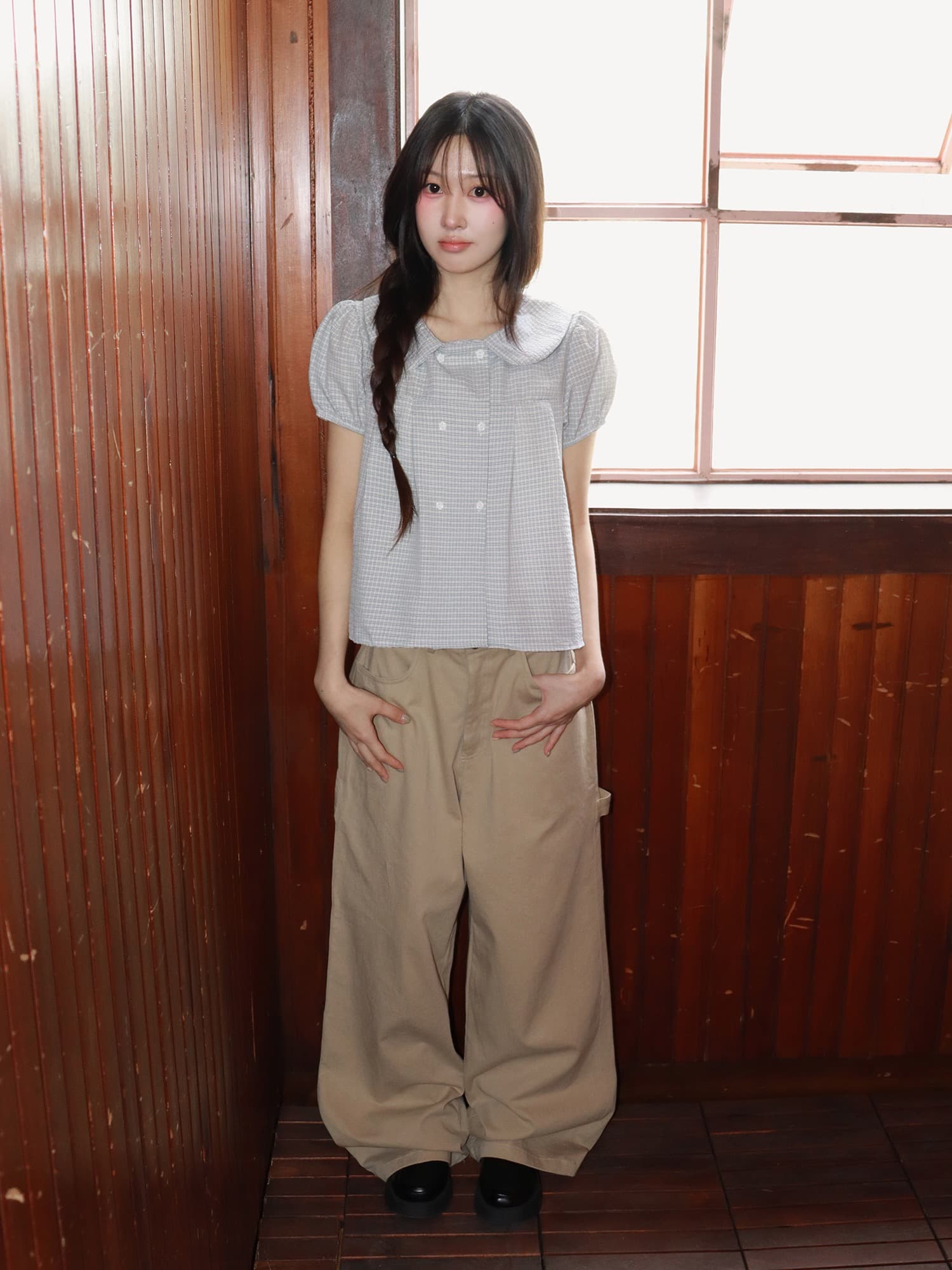 재고 있음 한국 스타일 여름 새로운 연령 감소 베이비 칼라 꽃 버클 이중 버튼 반팔 셔츠 상세 이미지 19