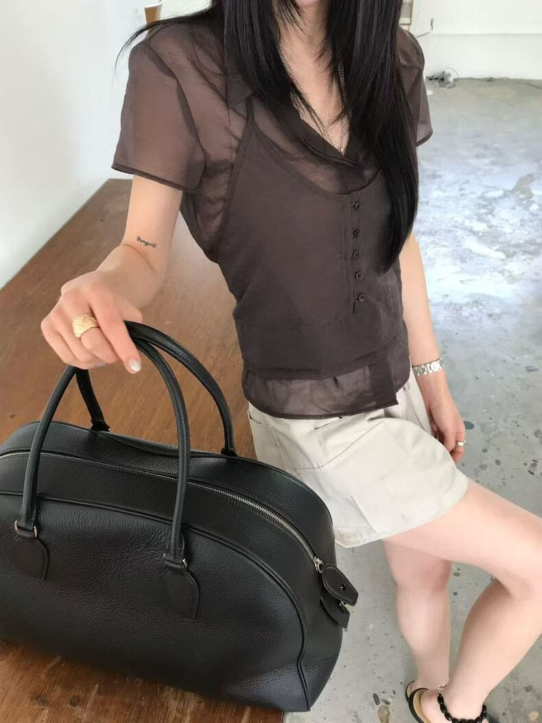 재고 있음 2026 여름 다용도 폴로 칼라 레이스업 행침 목 슬립 페이크 레이어드 반팔 셔츠 상세 이미지 15