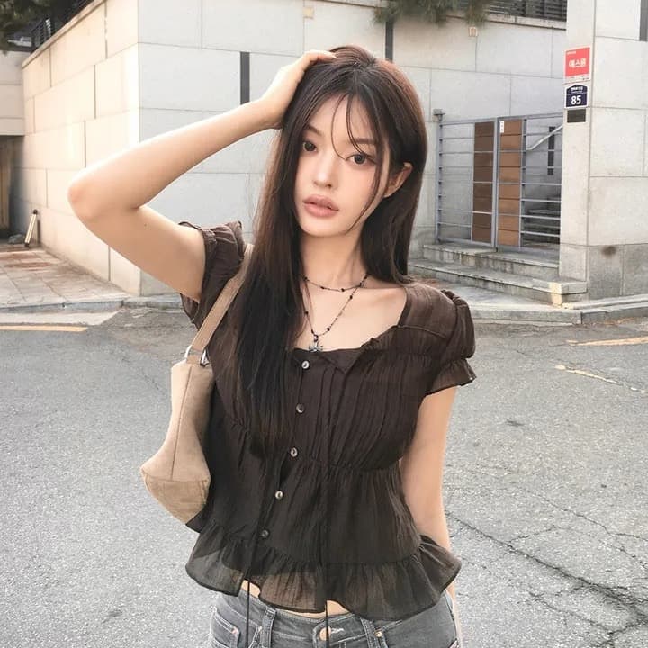 재고 있음 chic 한 부서 여름 프랑스식 달콤함 연령 감소 부드러운 프릴 주름 장식 허리 수축 반팔 쉬폰 셔츠 상세 이미지 1