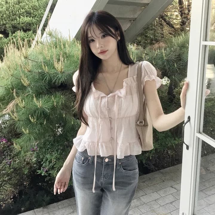 재고 있음 chic 한 부서 여름 프랑스식 달콤함 연령 감소 부드러운 프릴 주름 장식 허리 수축 반팔 쉬폰 셔츠 상세 이미지 5