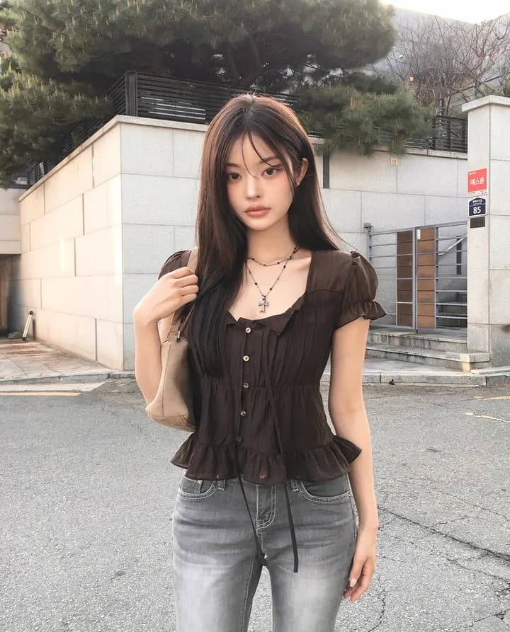 재고 있음 chic 한 부서 여름 프랑스식 달콤함 연령 감소 부드러운 프릴 주름 장식 허리 수축 반팔 쉬폰 셔츠 상세 이미지 7