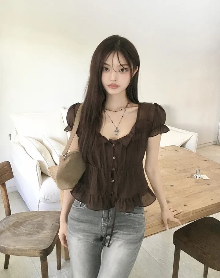 재고 있음 chic 한 부서 여름 프랑스식 달콤함 연령 감소 부드러운 프릴 주름 장식 허리 수축 반팔 쉬폰 셔츠 상세 이미지 9
