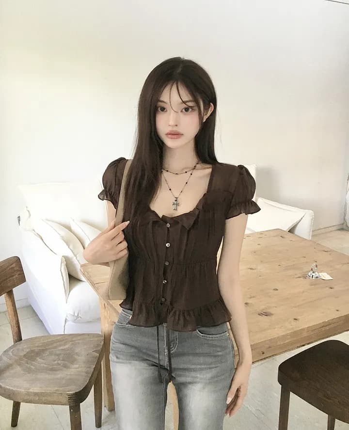 재고 있음 chic 한 부서 여름 프랑스식 달콤함 연령 감소 부드러운 프릴 주름 장식 허리 수축 반팔 쉬폰 셔츠 상세 이미지 10
