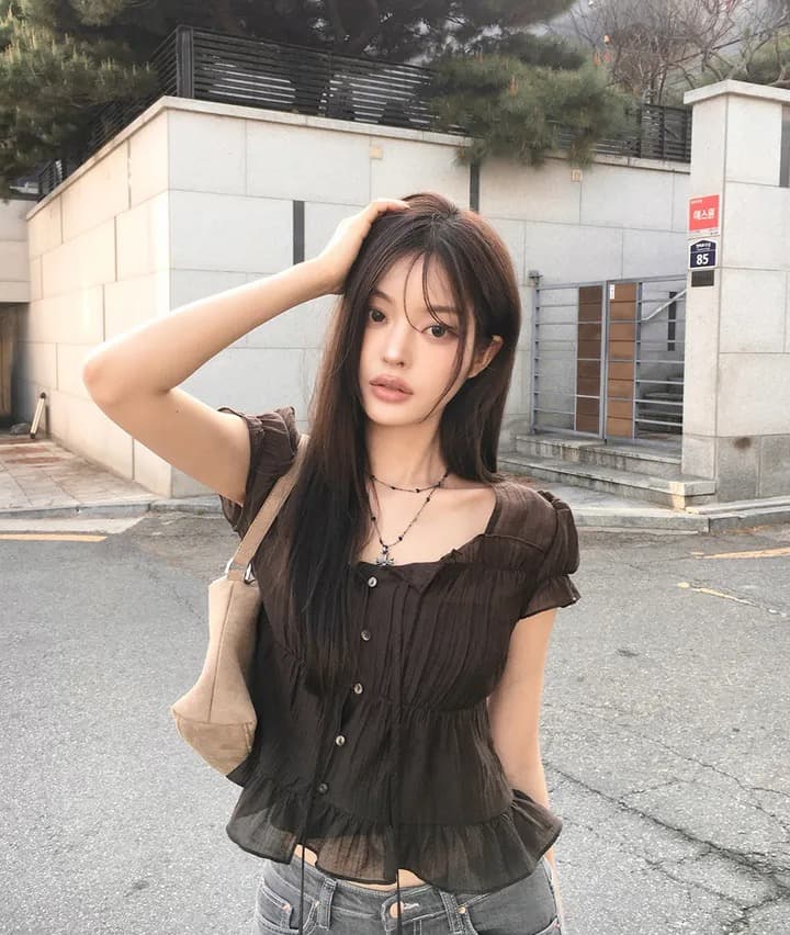 재고 있음 chic 한 부서 여름 프랑스식 달콤함 연령 감소 부드러운 프릴 주름 장식 허리 수축 반팔 쉬폰 셔츠 상세 이미지 11